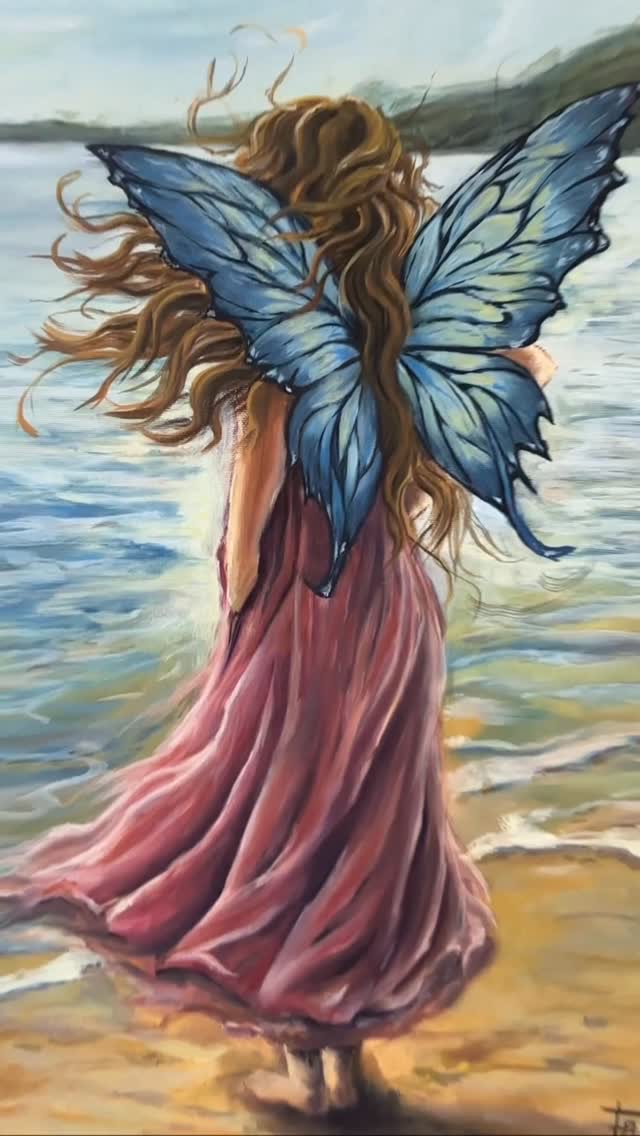 Pintura fantástica de Fran con una figura alada junto al mar